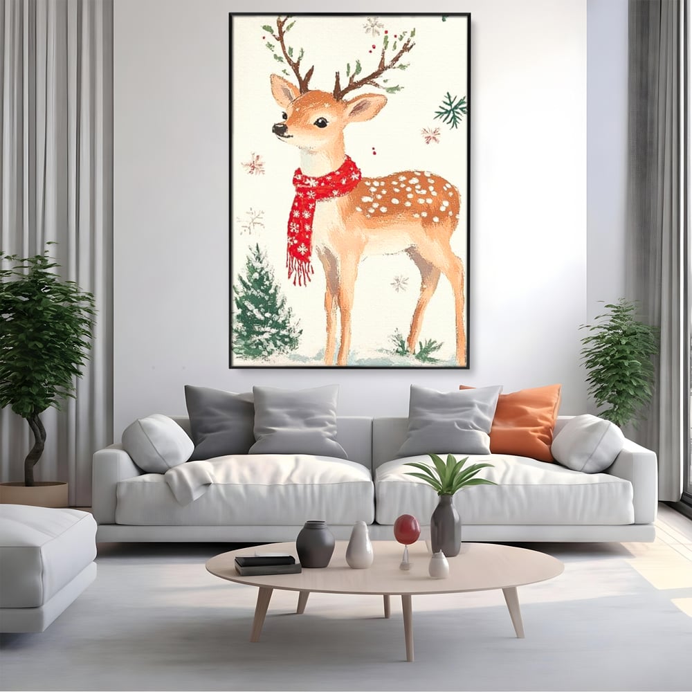 Tablou canvas cu tablou canvas cu ren festiv, in rama de aluminiu negru, pe perete intr-un living